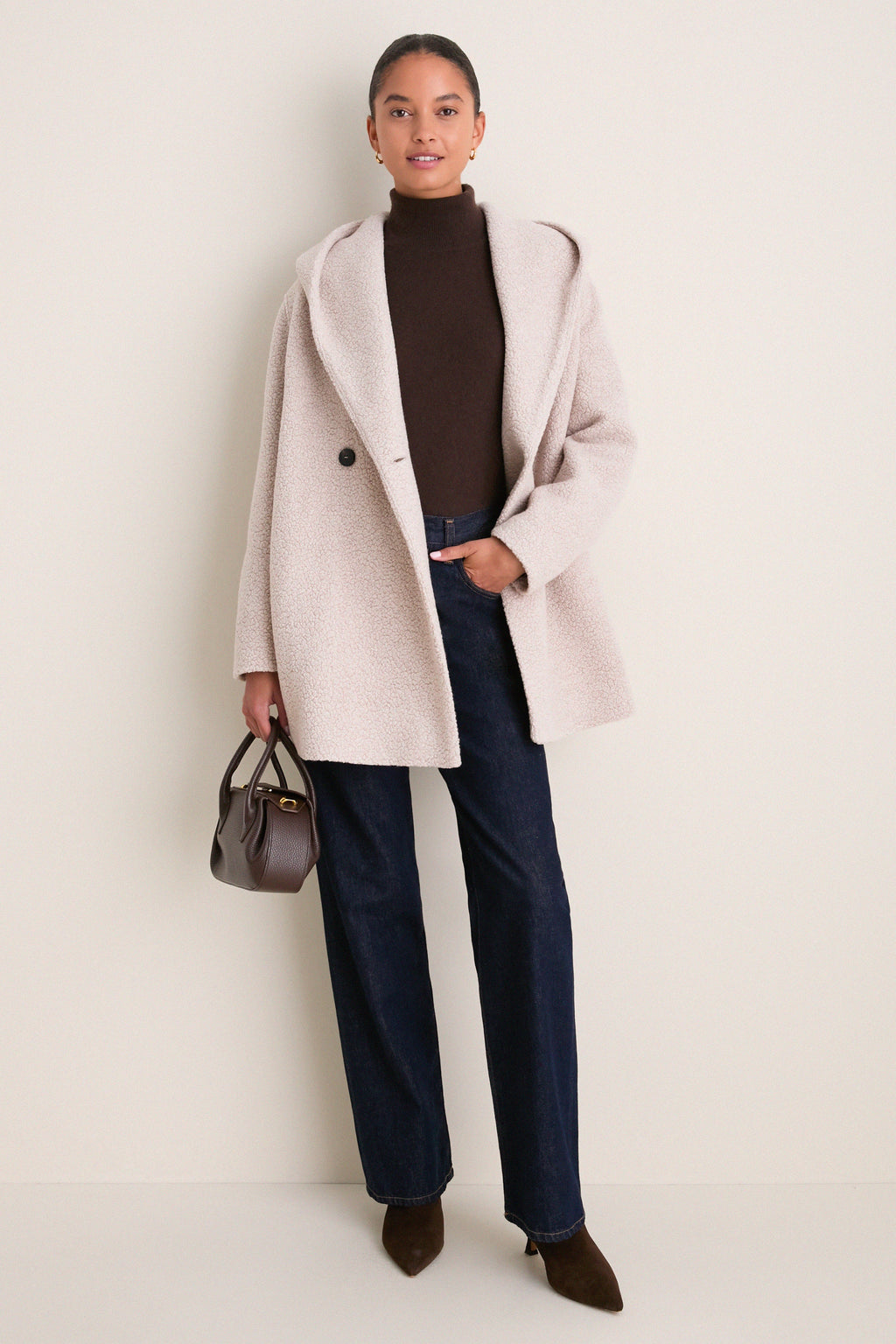 Almond Hooded Double Breasted Boucle Jacket