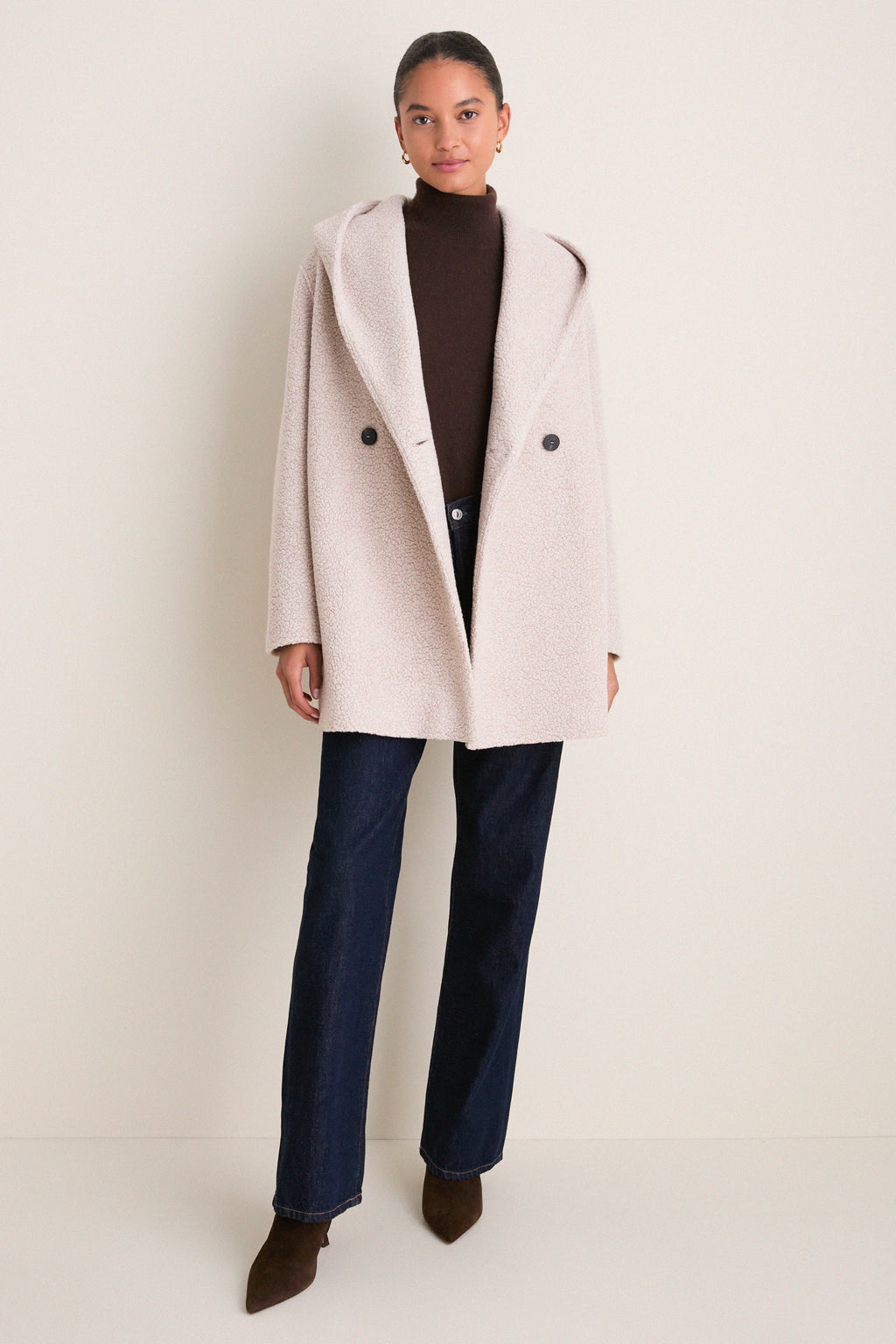 Almond Hooded Double Breasted Boucle Jacket