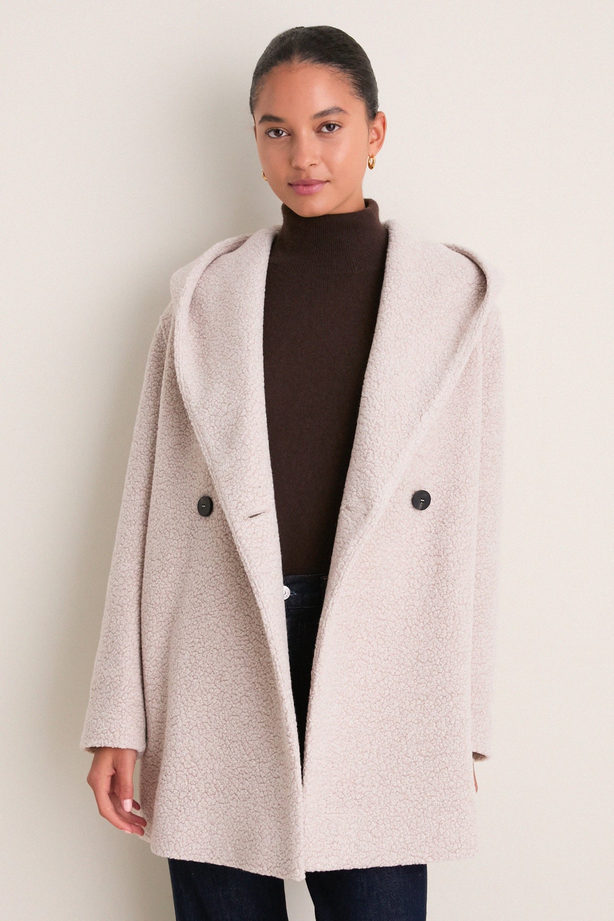 Almond Hooded Double Breasted Boucle Jacket