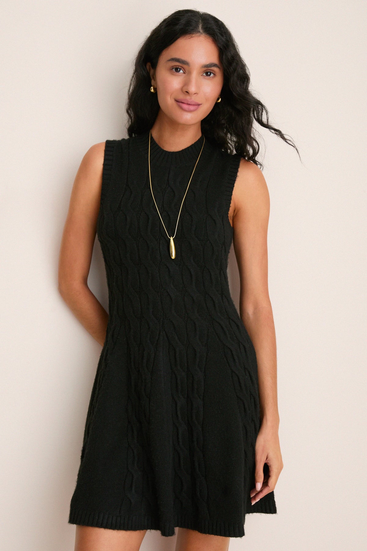 Black Cable Knit Mini Saxon Dress