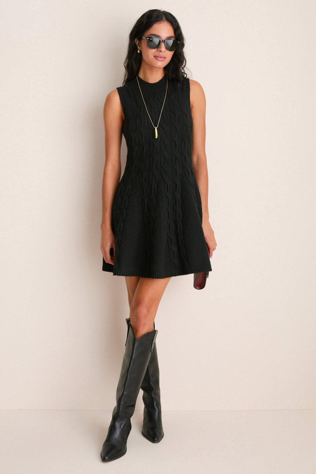 Black Cable Knit Mini Saxon Dress