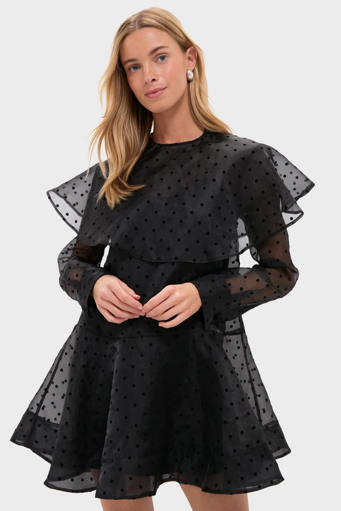 Black Flocked Organza Mini Dress