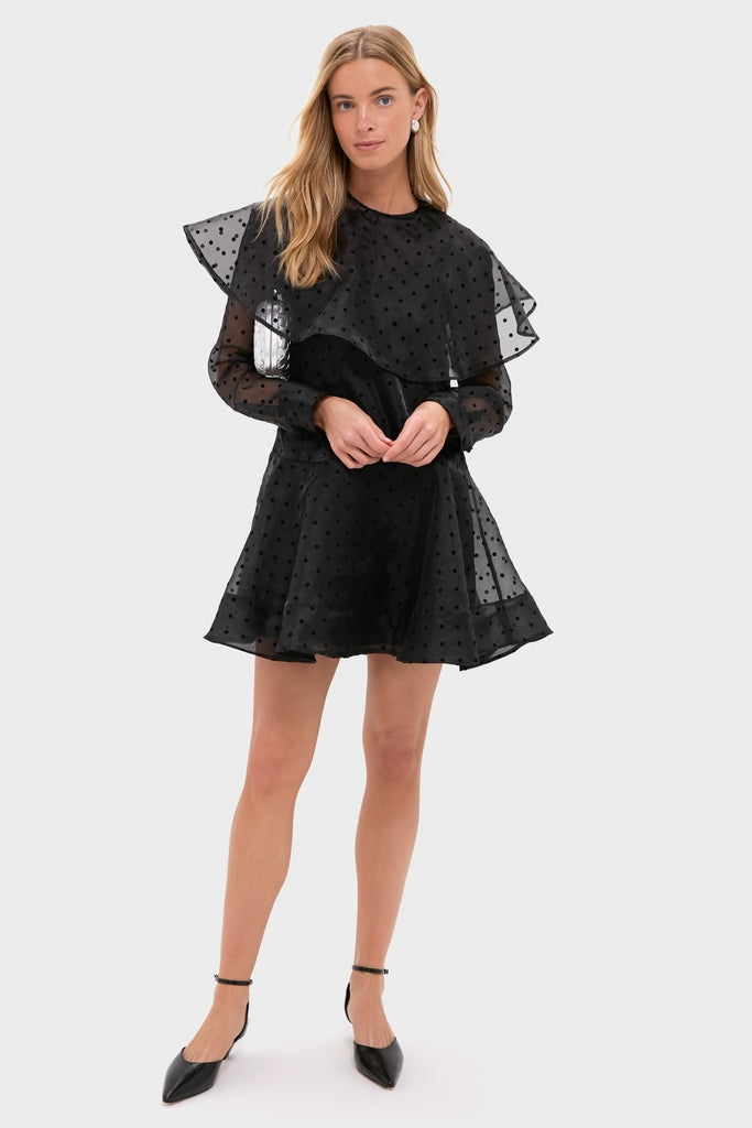 Black Flocked Organza Mini Dress