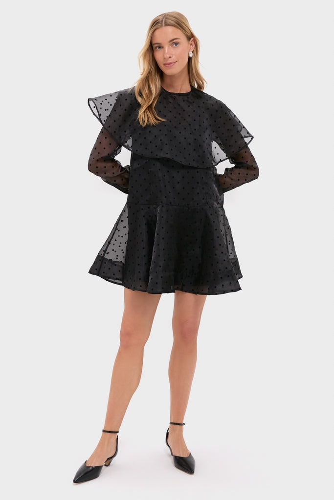 Black Flocked Organza Mini Dress