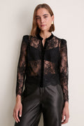 Black Dorothea Lace Velvet Collarless Blouse