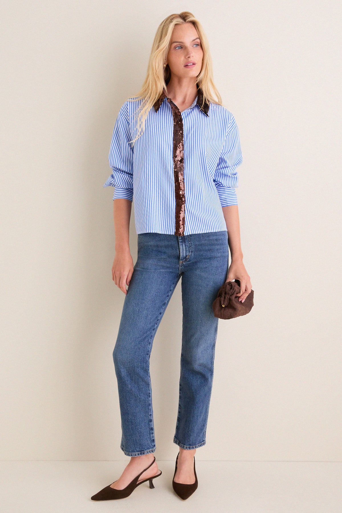 Blue Pinstripe & Bronze Sequin Sadie Button Down