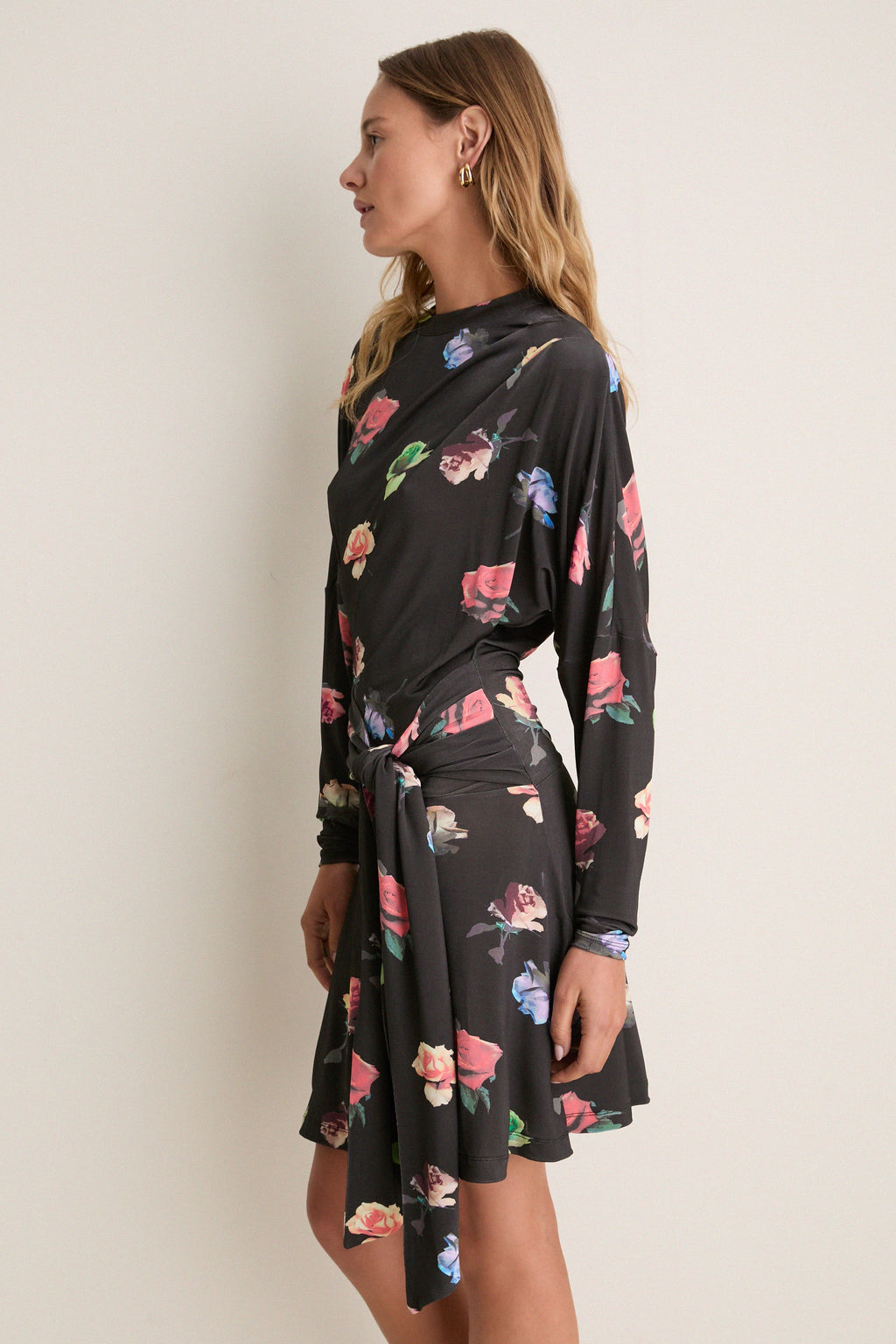 Black Sand Printed Shiny Jersey Draped Mini Dress
