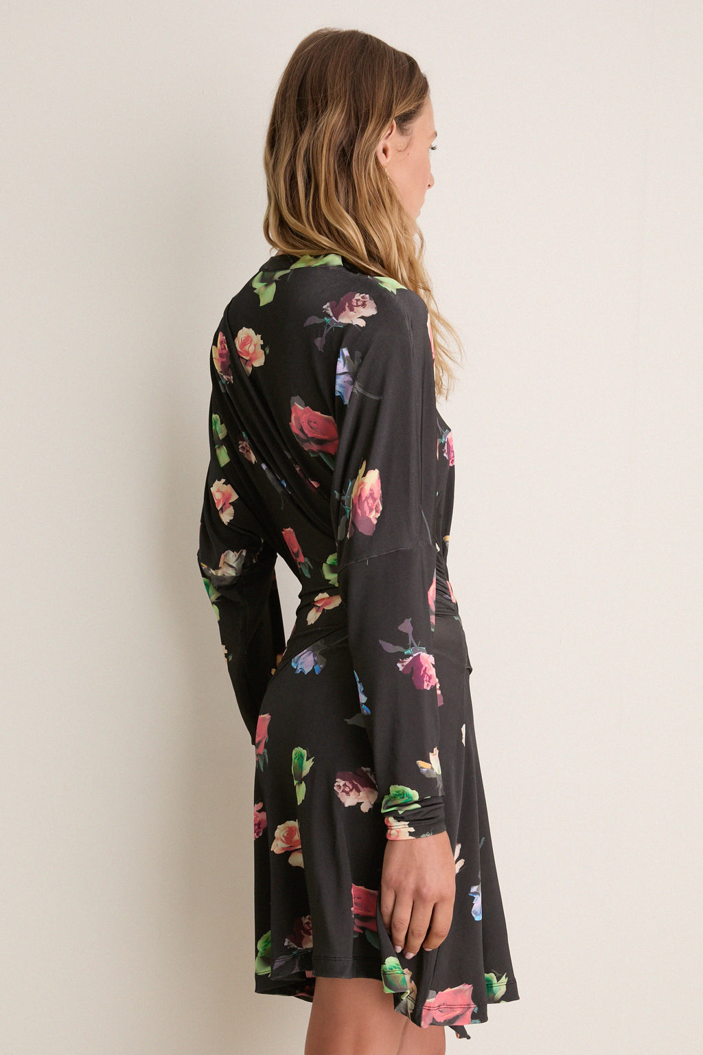 Black Sand Printed Shiny Jersey Draped Mini Dress