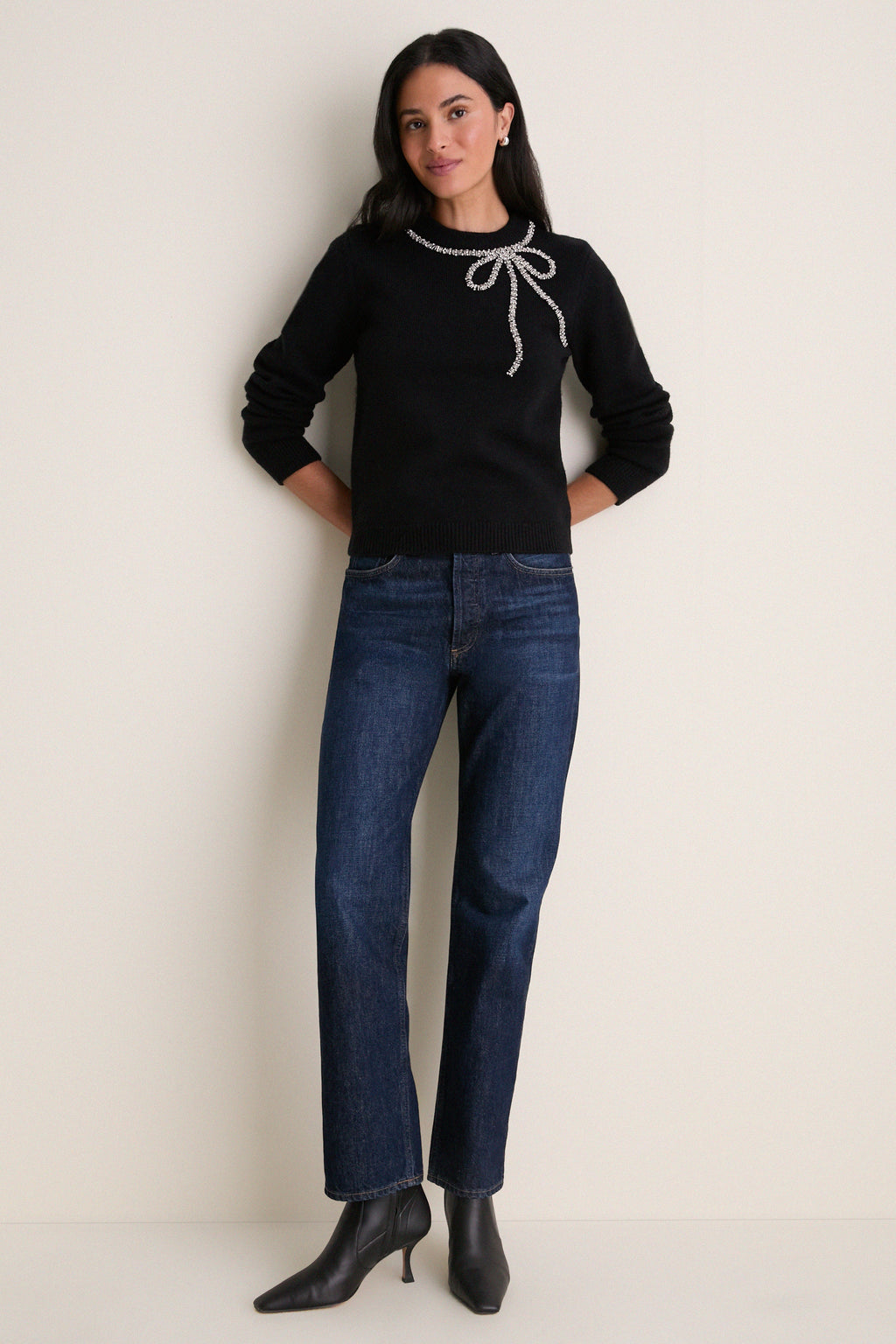Black Embellished Bow Lilah Crewneck