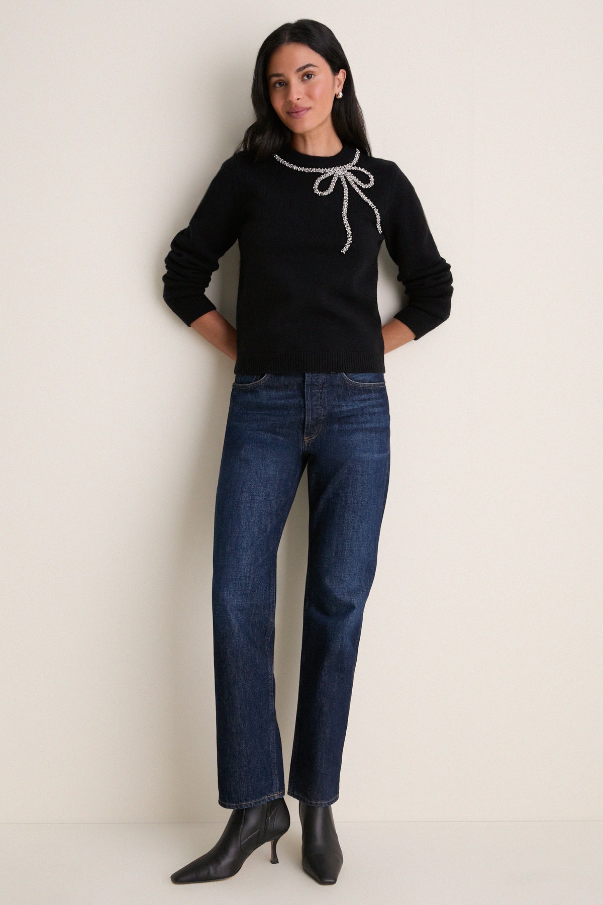 Black Embellished Bow Lilah Crewneck