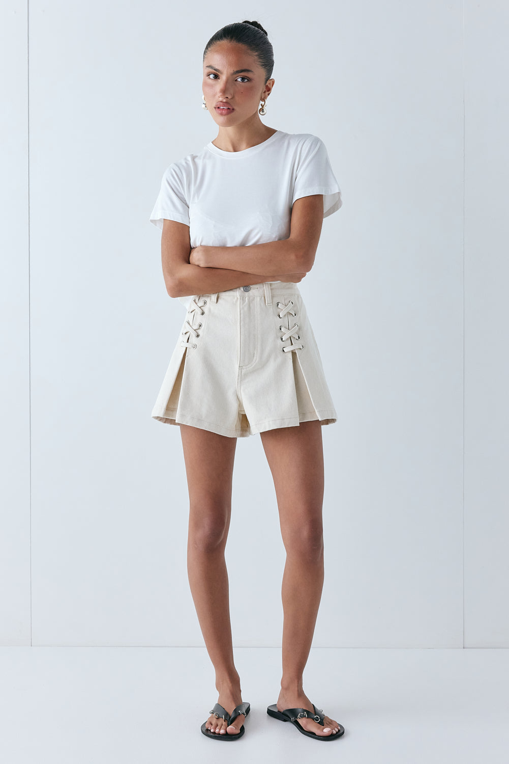 Mira High Rise Denim Shorts Cream