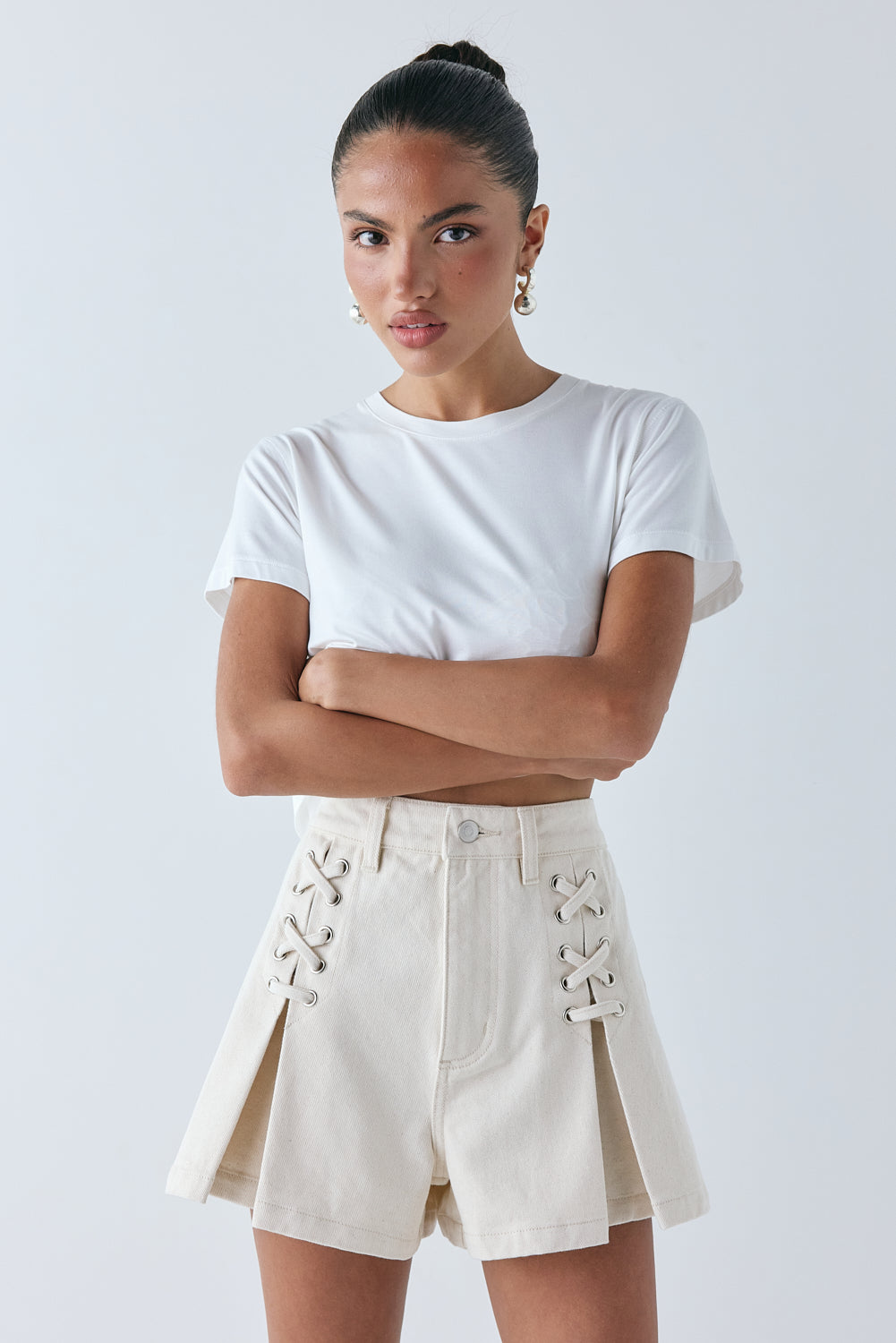 Mira High Rise Denim Shorts Cream