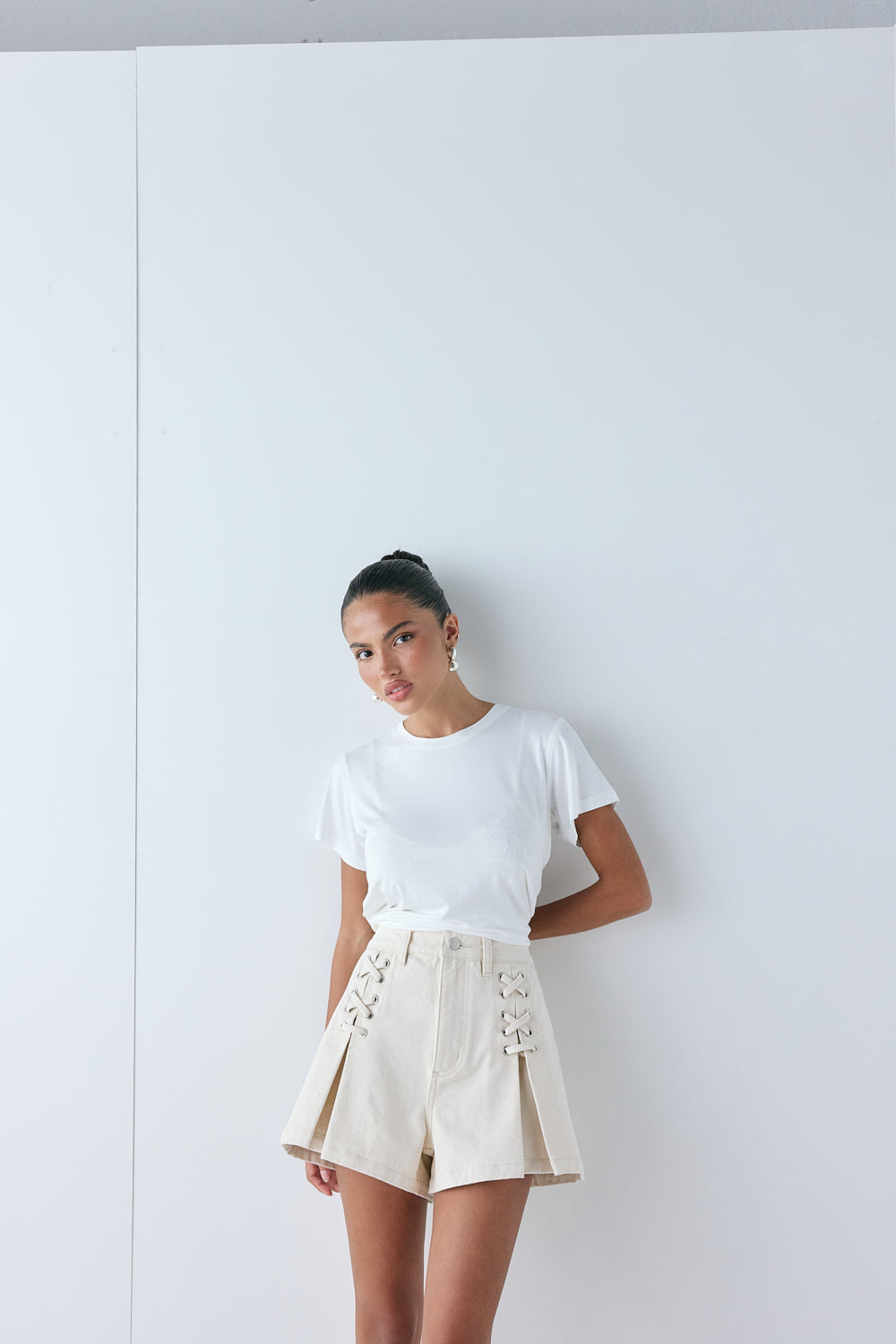 Mira High Rise Denim Shorts Cream