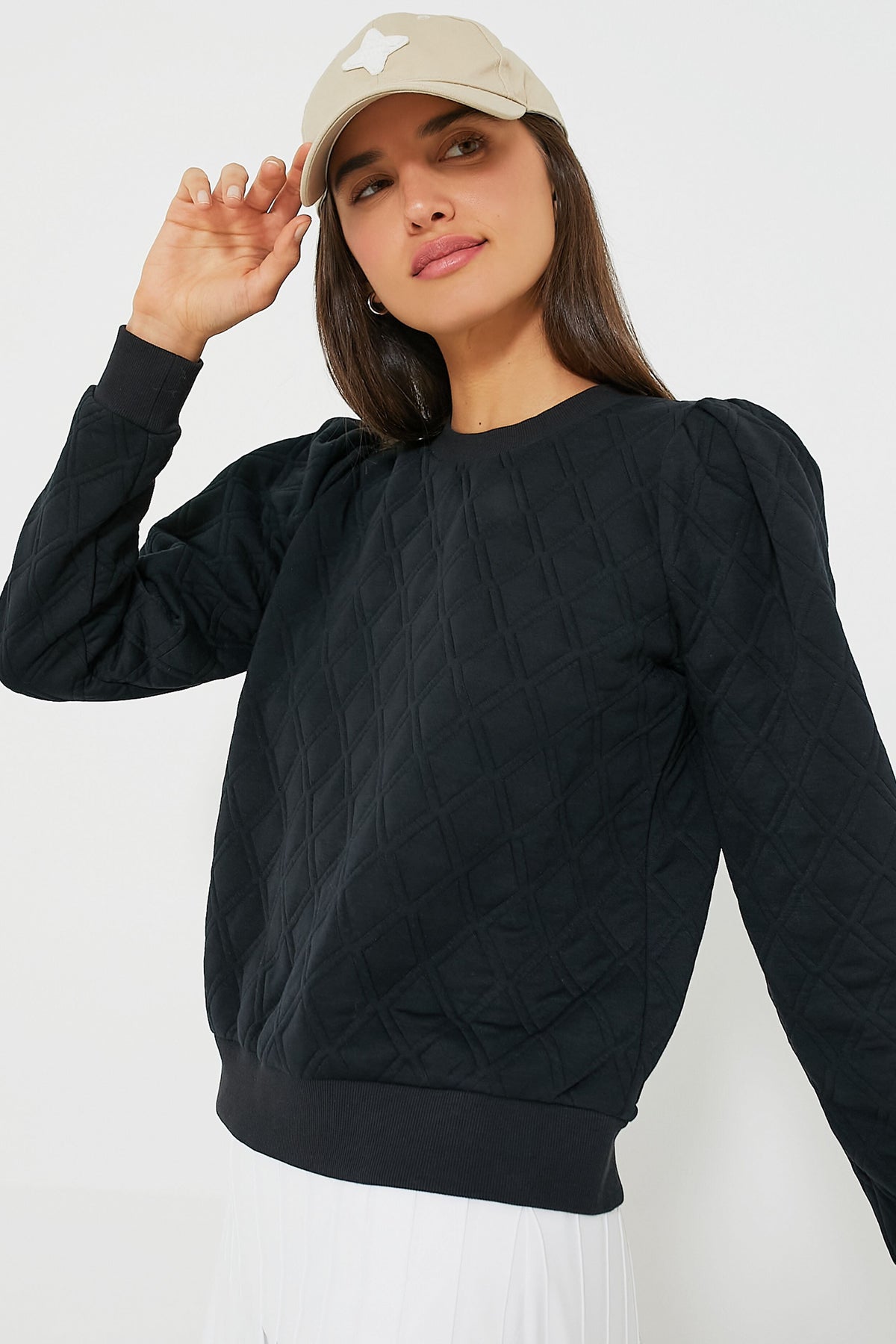 Black Puff Sleeve Quilted Stretch Campbell Pullover